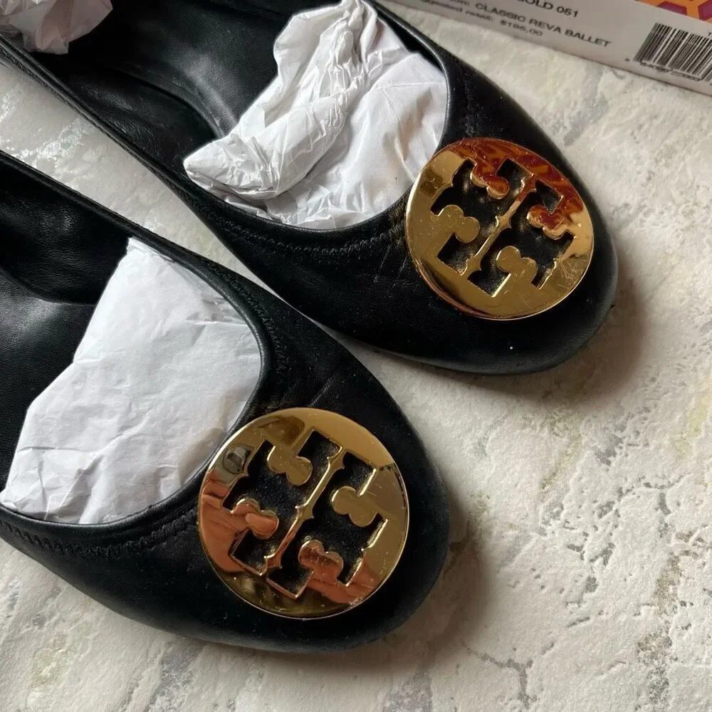Tory Burch Classic Reva Ballet Flat Black Gold